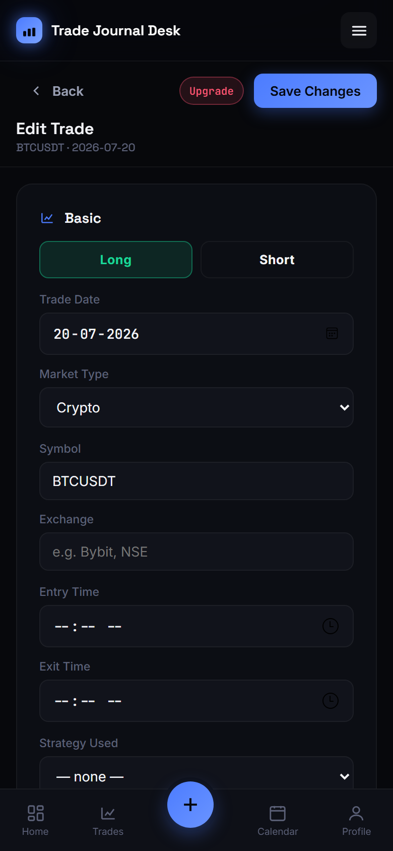 Mobile trade entry form with fields for market type, symbol, entry price, stop loss, target, and quantity