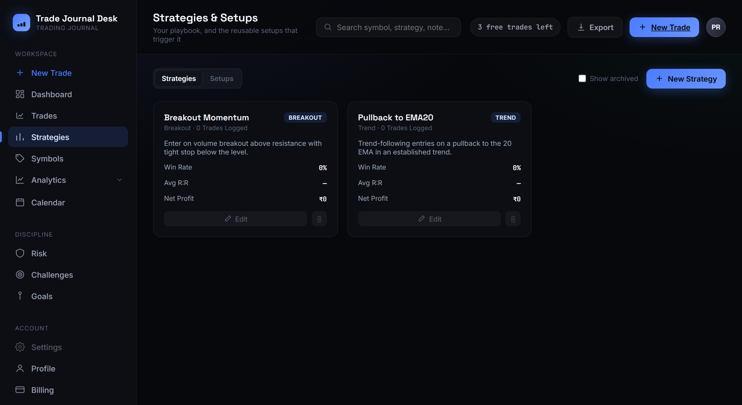 Strategies and Setups screen showing two saved strategies with win rate, average risk-reward, and net profit fields